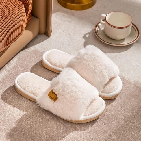 Onmygogo Indoor Slippers for Women Open Toe with Memory Foam, Soft Faux Fur Nonslip House Slippers in Saudi Arabia