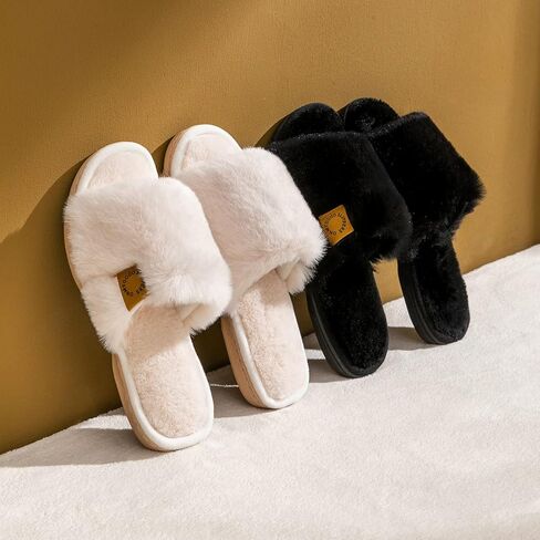 Indoor Slippers for Women Open Toe with Memory Foam, Soft Faux Fur Nonslip House Slippers in Saudi Arabia