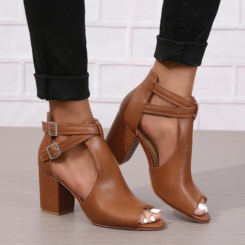 Peep Toe Heeled Sandals for Women Open Toe Side Cutout Chunky Heels Adjustable Ankle Buckle Summer Booties US5-11 in Saudi Arabia