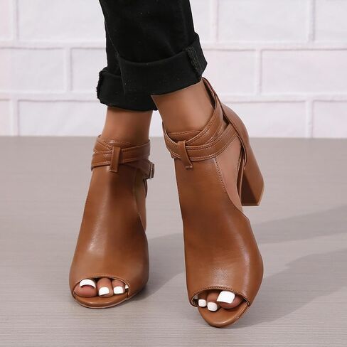 Peep Toe Heeled Sandals for Women Open Toe Side Cutout Chunky Heels Adjustable Ankle Buckle Summer Booties US5-11 in Saudi Arabia