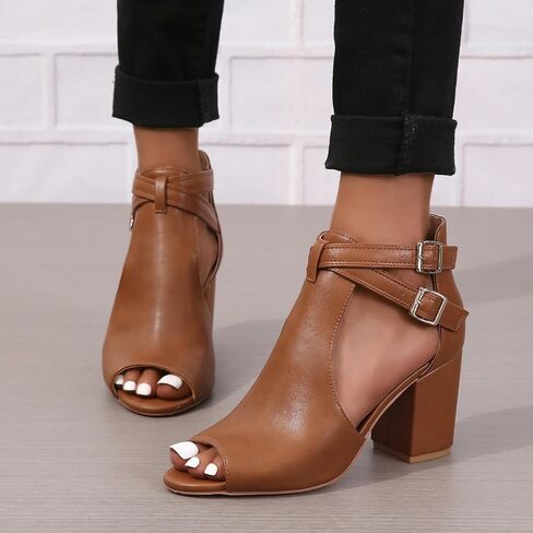 Peep Toe Heeled Sandals for Women Open Toe Side Cutout Chunky Heels Adjustable Ankle Buckle Summer Booties US5-11 in Saudi Arabia