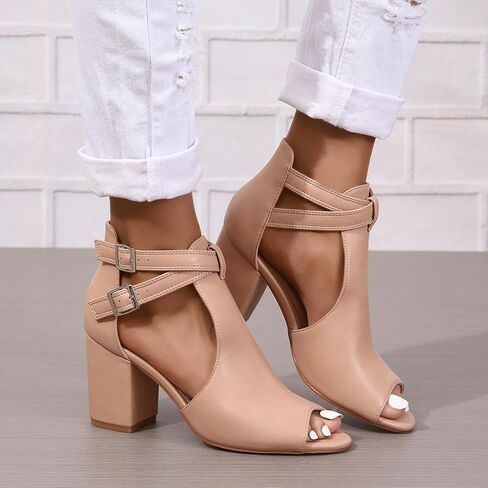 Peep Toe Heeled Sandals for Women Open Toe Side Cutout Chunky Heels Adjustable Ankle Buckle Summer Booties US5-11 in Saudi Arabia