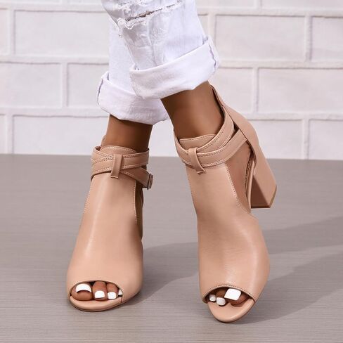 Peep Toe Heeled Sandals for Women Open Toe Side Cutout Chunky Heels Adjustable Ankle Buckle Summer Booties US5-11 in Saudi Arabia