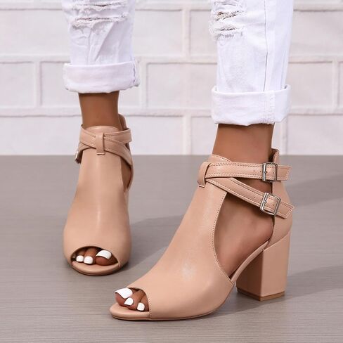 Peep Toe Heeled Sandals for Women Open Toe Side Cutout Chunky Heels Adjustable Ankle Buckle Summer Booties US5-11 in Saudi Arabia