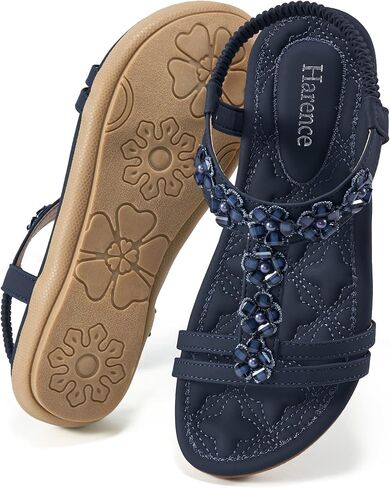 HARENCE Women's Summer Flat Sandals: Comfortable Bohemian Beaded Flats Shoes Elastic Ankle T-Strap Casual Slip on Beach Dress Sandals for Women in Saudi Arabia
