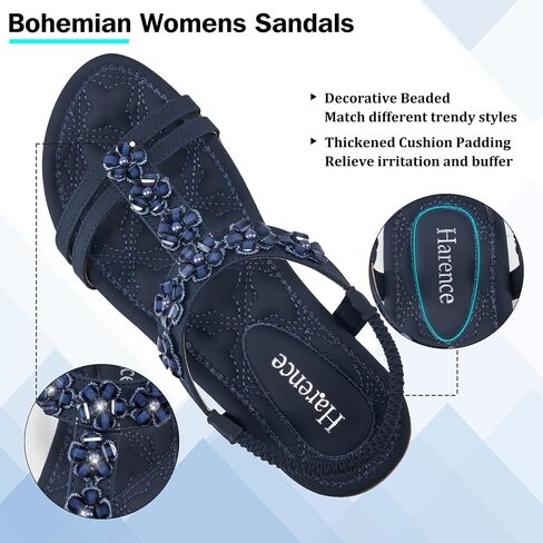 HARENCE Women's Summer Flat Sandals: Comfortable Bohemian Beaded Flats Shoes Elastic Ankle T-Strap Casual Slip on Beach Dress Sandals for Women in Saudi Arabia
