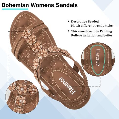 HARENCE Women's Summer Flat Sandals: Comfortable Bohemian Beaded Flats Shoes Elastic Ankle T-Strap Casual Slip on Beach Dress Sandals for Women in Saudi Arabia