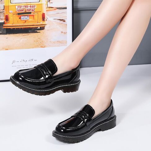 XMM Black Loafers for Women Chunky Loafer Shoes Penny Loafers Flats Lug Sole Lightweight Slip On Ladies Shoes Business Casual Dressy Comfortable Office Shoes in Saudi Arabia