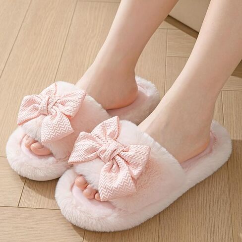 Cute Bow House Women's Slippers - Open Toe Warm Plush Fluffly Non-Slip Sole Indoor in Saudi Arabia