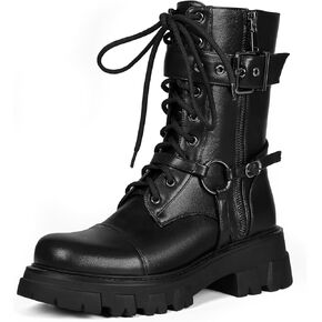 Women Harness Motorcycle Biker Boots Steampunk Combat Boots Chunky Mid Calf Goth Boots Lug Sole Lace up Side Zipper