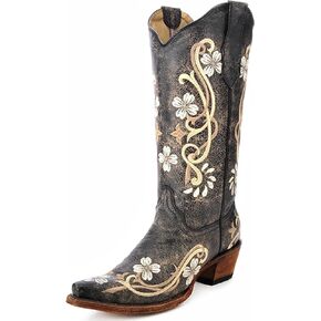 CORRAL BOOTS Women's Floral Embroidery Casual Fashion Leather Cowgirl Boots| Snip Toe, 2" Heel