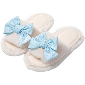 Cute Bow House Women's Slippers - Open Toe Warm Plush Fluffly Non-Slip Sole Indoor