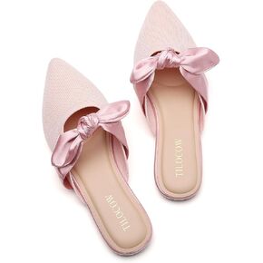 Tilocow Knit Mules for Woman Pointed Toe Flats Bow Mules Slip On Slides Flats Shoes Women Dressy Comfortable
