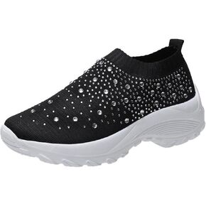 Women's Rhinestones Glitter Knitted Mesh Orthopedic Sock Sneakers,Comfortable Breathable Slip On Arch Support Walking Shoes Ultra-Light Non-Slip Loafers.