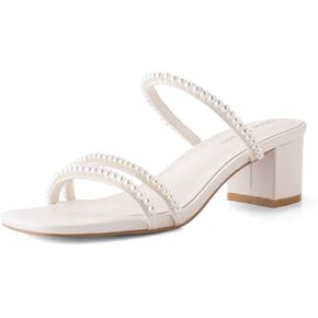 Shoe'N Tale Pearl Heels for Women Square Open Toe Low Block Heel Slip on Dressy Sandals Wedding Shoes