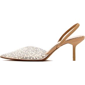 Clear Slingback Heels for Women Pointed Toe Pearl Kitten Heel Sparkly Rhinestone Backless Sandals Wedding Dressy Pumps Shoes