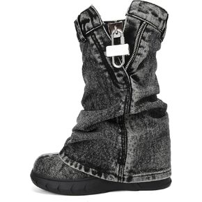 Women's Boots thick Bottom Western Cowboy Round Toe Padlock Folding Boots for women Vintage Fashion Heightened Breathable Mid Calf Booties