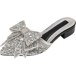 Women's Bow Rhinestone Glitter Low Heels Mules Fashion Closed Pointed Toe Backless Slip on Comfortable Block Heel Pumps Sandals for Party Prom Date Wedding Dressy Slides