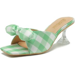 LIURUIJIA Women's Bow Tie Stiletto Heel Heels Mule Sandals Slingback Square Open Toe Low Wedding Heels Backless Slip On Slide Summer Cute Wedding Bridal Sandals Shoes