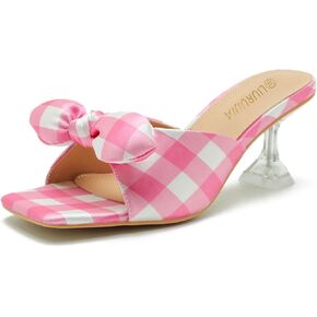 LIURUIJIA Women's Bow Tie Stiletto Heel Heels Mule Sandals Slingback Square Open Toe Low Wedding Heels Backless Slip On Slide Summer Cute Wedding Bridal Sandals Shoes