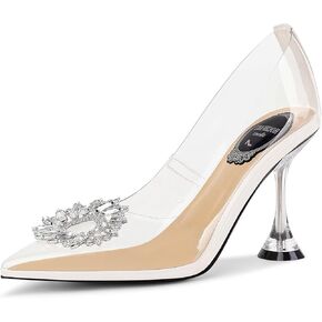 Women's Clear Heels Rhinestones Crystal Pumps Pointed Toe Slip On Pumps Transparent Pumps with High Heel Sandals