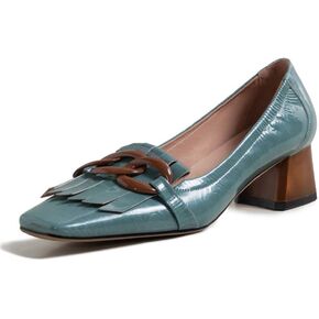 TinaCus Women's Genuine Leather Square Handmade Tassels Chunky Heel Retro Loafers Shoes with Chain