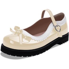 Women's Bow Patent Leather Platform Mary Janes Ankle Strap Closed Toe Kawaii Ruffles Goth Uniform Flats