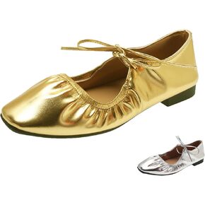 Women's Shiny Leather Mary Jane Flats Fashion Lace Up Closed Round Toe Shallow Mouth Ballet Shoes Retro Comfortable Lightweight Casual Shoes