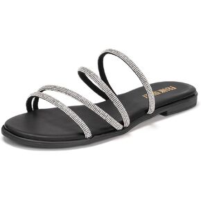 Frank Mully Womens Slide Sandals Open Toe Rhinestone Straps Slip On Beach Slide Casual Dressy Flats Sandal for Women Summer
