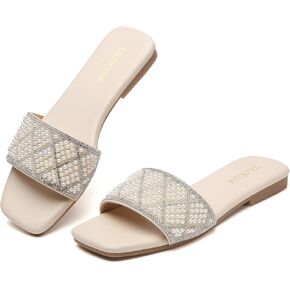 Tilocow Women Rhinestone Sandals Pearl Decor Slip on Bling Sandals Daily Casual Beach Summer Flat Shoes