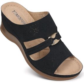 TEMOFON Sandals for Women Summer Wedge: Soft Hollow Out Dressy Slides Sandals, Rubber Sole, Comfortable Walking, Casual Slip on Platform Shoes