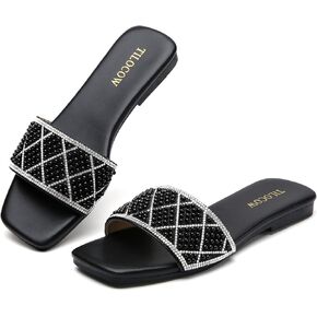 Tilocow Women Rhinestone Sandals Pearl Decor Slip on Bling Sandals Daily Casual Beach Summer Flat Shoes