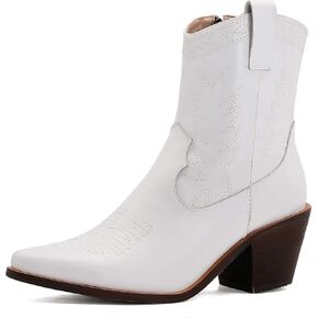 Arqa Embroidered Western Cowboy Boots for Women Chunky Heel Wide Calf Knee High Boot Fashion Pull-on Cowgirl Booties with Contrast Foliage Inlay