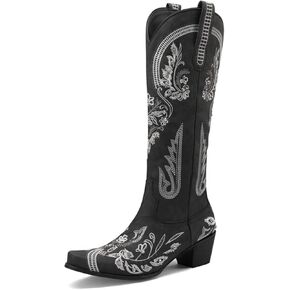 Goolita Vintage Rhinestone Embroidered Cowboy Boots Women Pointed Toe Chunky Heel Knee High Boots Side Zipper Wide Calf Cowgirl Boots