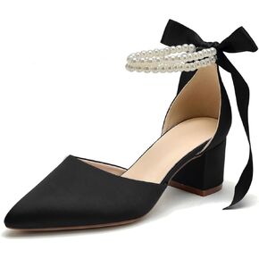 Women's Closed Toe Wedding Shoes Chunky Block Heels with Pearls Satin Pumps Ankle Strap Prom Evening Party Shoes