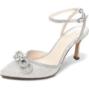 Rhinestone Bow Heels for Women, Slingback Kitten Heels Pumps Stilettos Satin, Closed Pointed Toe Ankle Strap Kitten Heel Sandals Formal Shoes for Wedding Bridal Party Evening Prom Dress Shoes