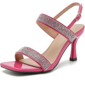 Enelauge Women's Strappy Square Toe Rhinestone Stiletto High Heeled Sandals Slingback Heels Summer Wedding Party Dress Shoes