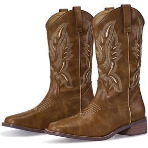 Women's Square Toe Western Boots Embroidered Classic Cowboy Cowgirls Pull On Boots