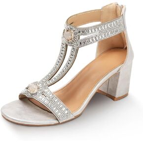 FRALOSHA Block Heels for Women Open Toe Rhinestones Ankle Strap Sandals Chunky Wedding Party Shoes