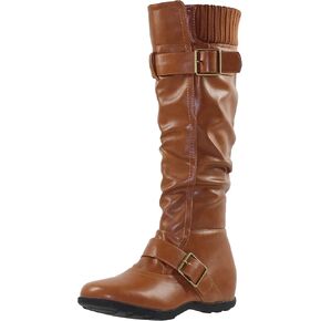 Women's Knee High Boots Ruched Knit Cuff Double Straps Buckles