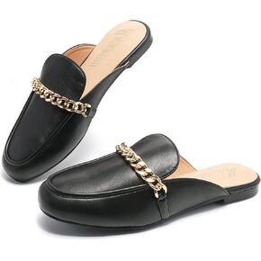 Mules for Women Round Toe Backless Flat Mules Slides Comfort Slip-on Mules with Metal Buckle