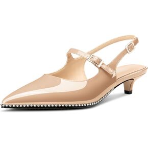 Womens Low Kitten Heel Pointed Toe Pumps Slingback Buckle Silver Beaded Office Prom Dress Patent Leather 1.4 Inches Heels