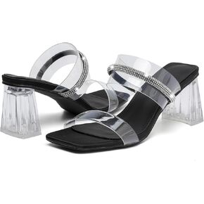 DADAWEN Women's Square Toe Clear Two Strap Open Toe Low Block Chunky Slip on Heels Sandals for Women Dressy