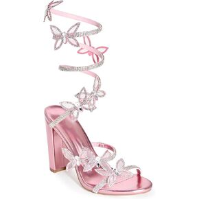 Wild Diva Women's Morris-581 Rhinestone Butterfly Detail Spiral Coil Wrap Around Chunk Heel in Kuwait