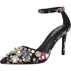 Women's Ankle Strap Pumps Stiletto High Heels Colorful Rhinestones Closed Pointed Toe Heels Wedding Daily Dressy Prom Shoes