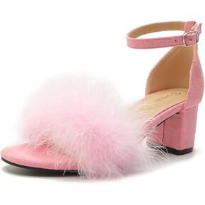 Omthanka Women's Open Toe Feather Heels Ankle Strap Low Block Chunky Heels Sandals Party Dress Pump Shoes