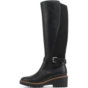 Soda “ZONE" ~ Women Round Toe Elastic Sweater Belted Strap Lug Sole Low Wedge Heel Knee-High Boot with Side Zipper