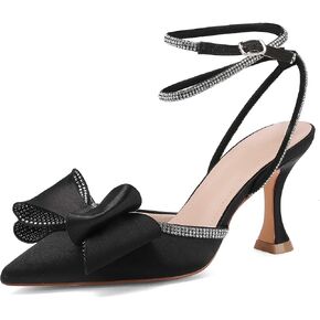 Womens Black Pointed Toe Bow Rhinestone Slingback Sexy High Heels Sandals Fashionable Elegant Shoes