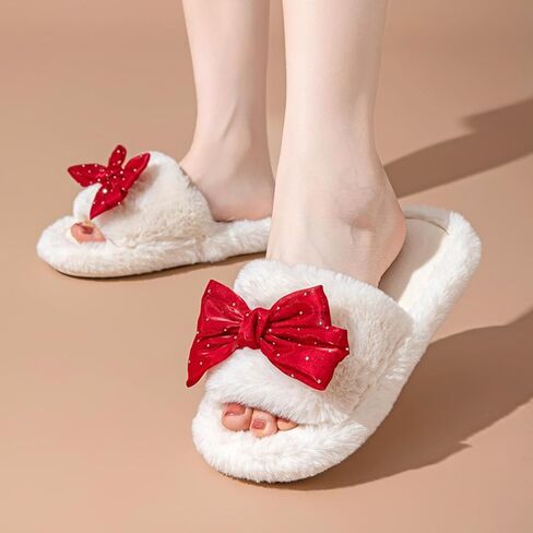 Cute Bow House Women's Slippers - Open Toe Warm Plush Fluffly Non-Slip Sole Indoor in Saudi Arabia