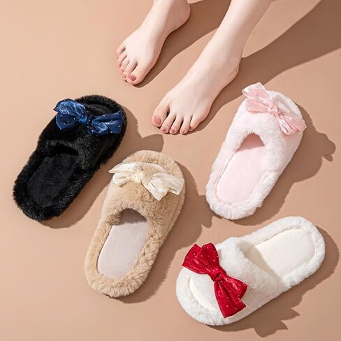 Cute Bow House Women's Slippers - Open Toe Warm Plush Fluffly Non-Slip Sole Indoor in Saudi Arabia